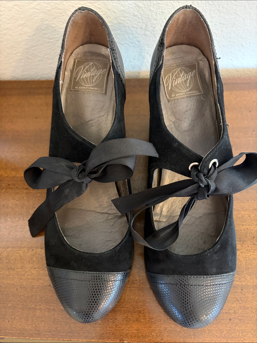 Jeffrey Campbell Vintage Black Suede Leather Wedge Mary Jane with Ribbon Tie 9 - Picture 3 of 10